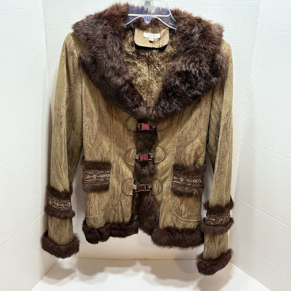 VTG Cache Penny Lane Suede Faux Fur Trim Boho Afghan Toggle Jacket Women’s 6
